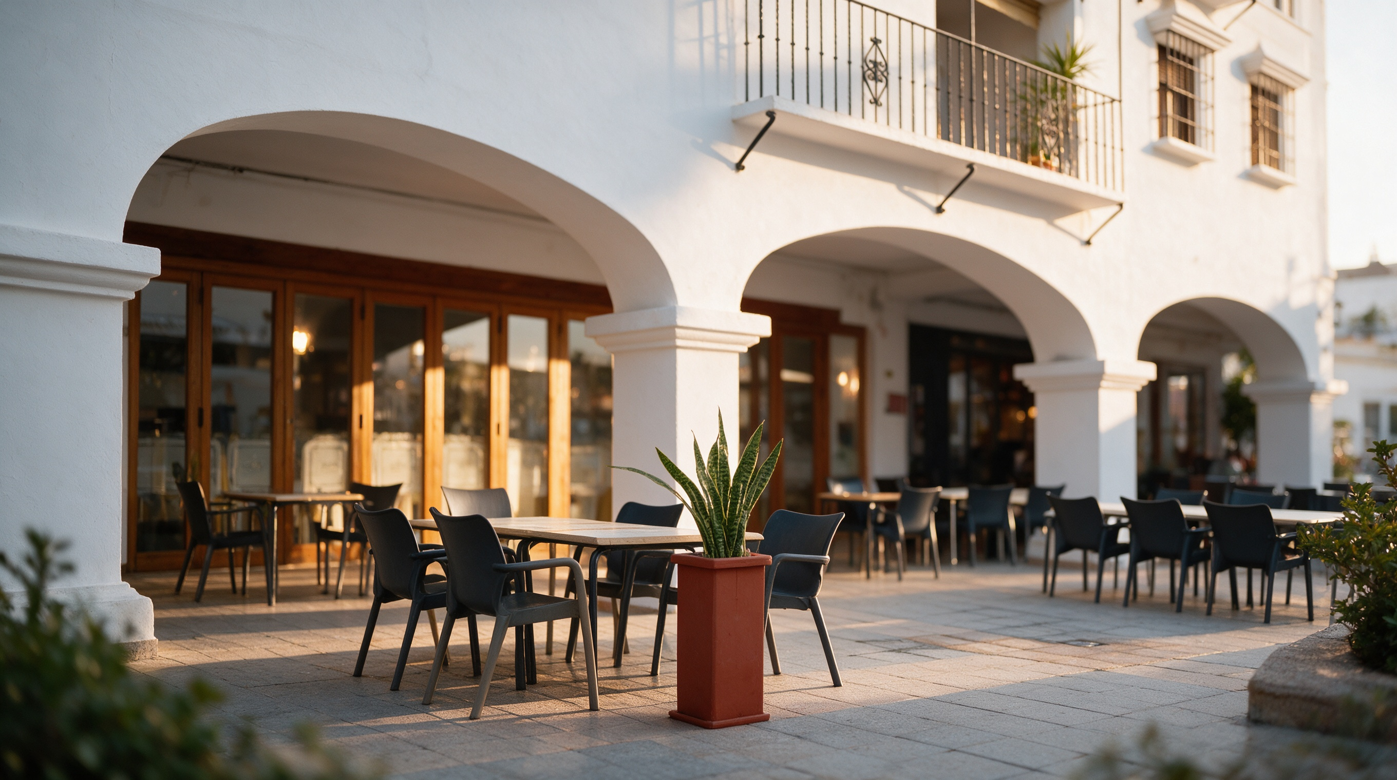 Terraza abovedada de ATIPIKO con arcos blancos vista hacia el Balcón de Europa en Nerja